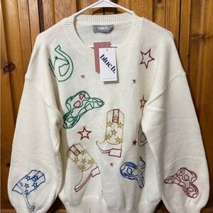 Blue Oy Women's Cream Sweater with Colorful Western Motifs